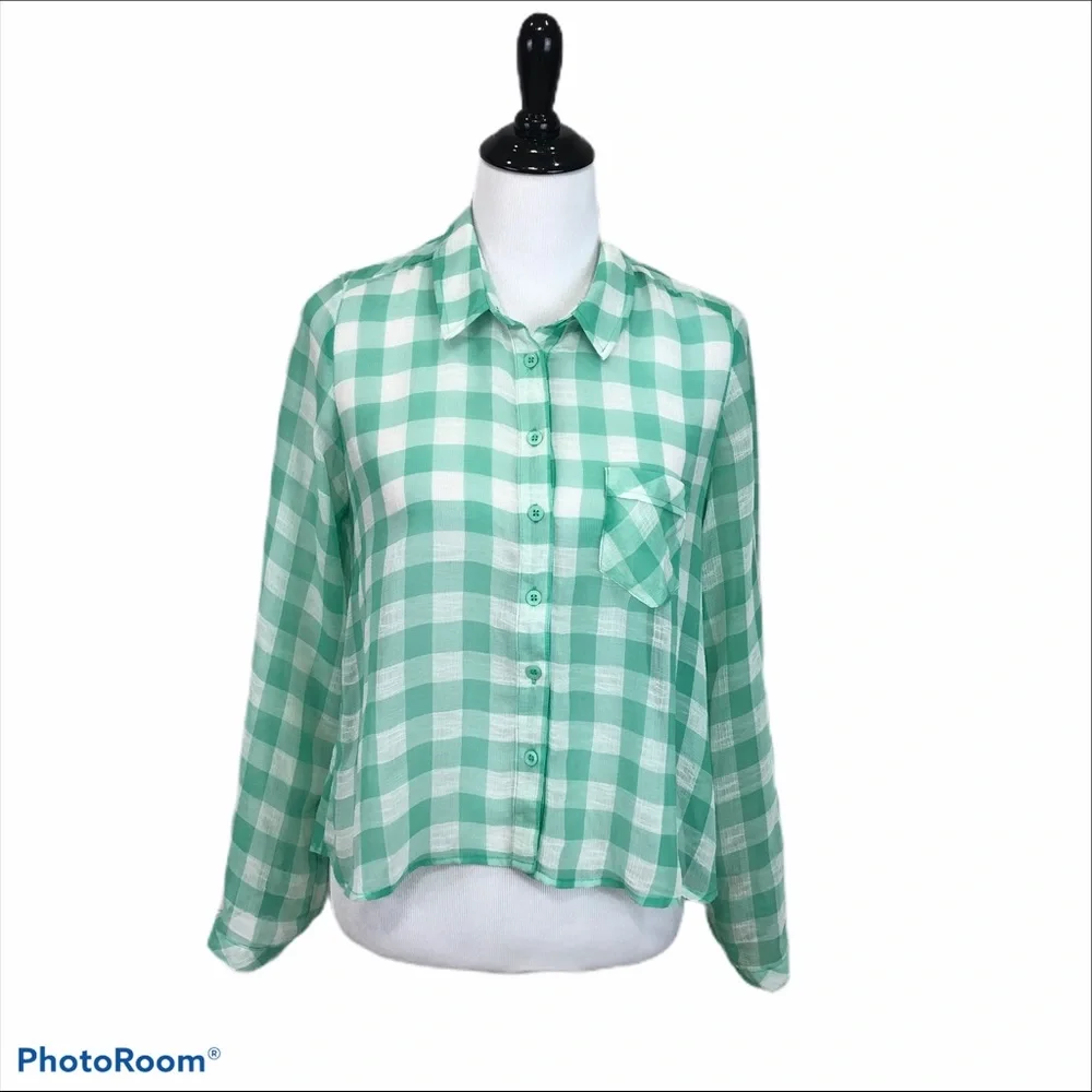 Free People green gingham sheer hi lo button up collared shirt